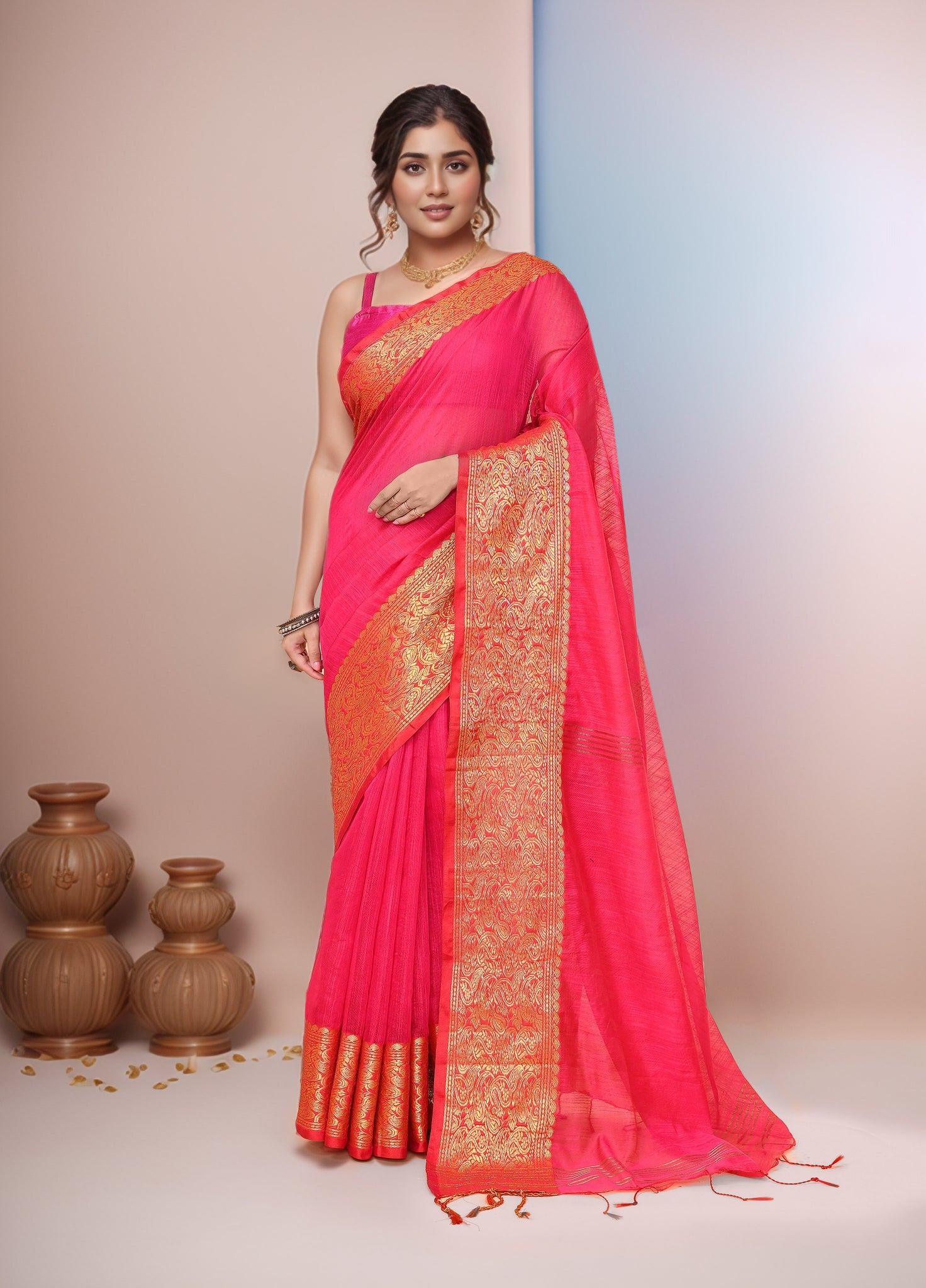Women  Pink Cotton Blend Handloom saree with Running Blouse
