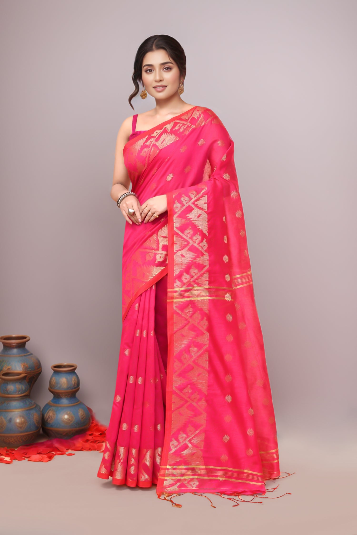 Women  Pink Cotton Blend Handloom saree with Running Blouse