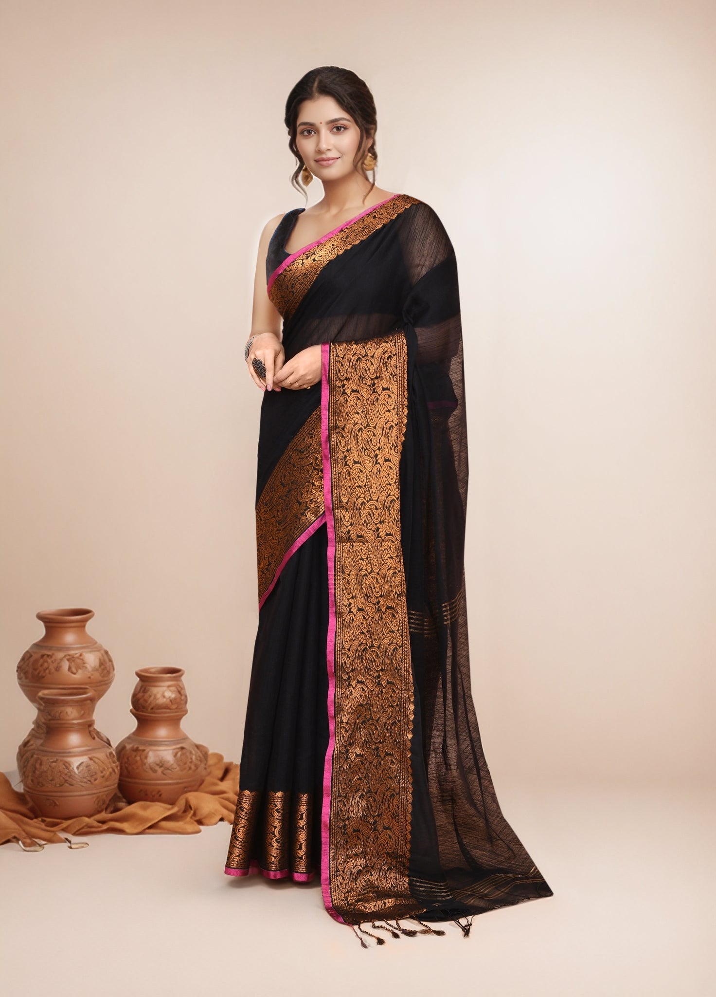 Women  Black Cotton Blend Handloom saree with Running Blouse