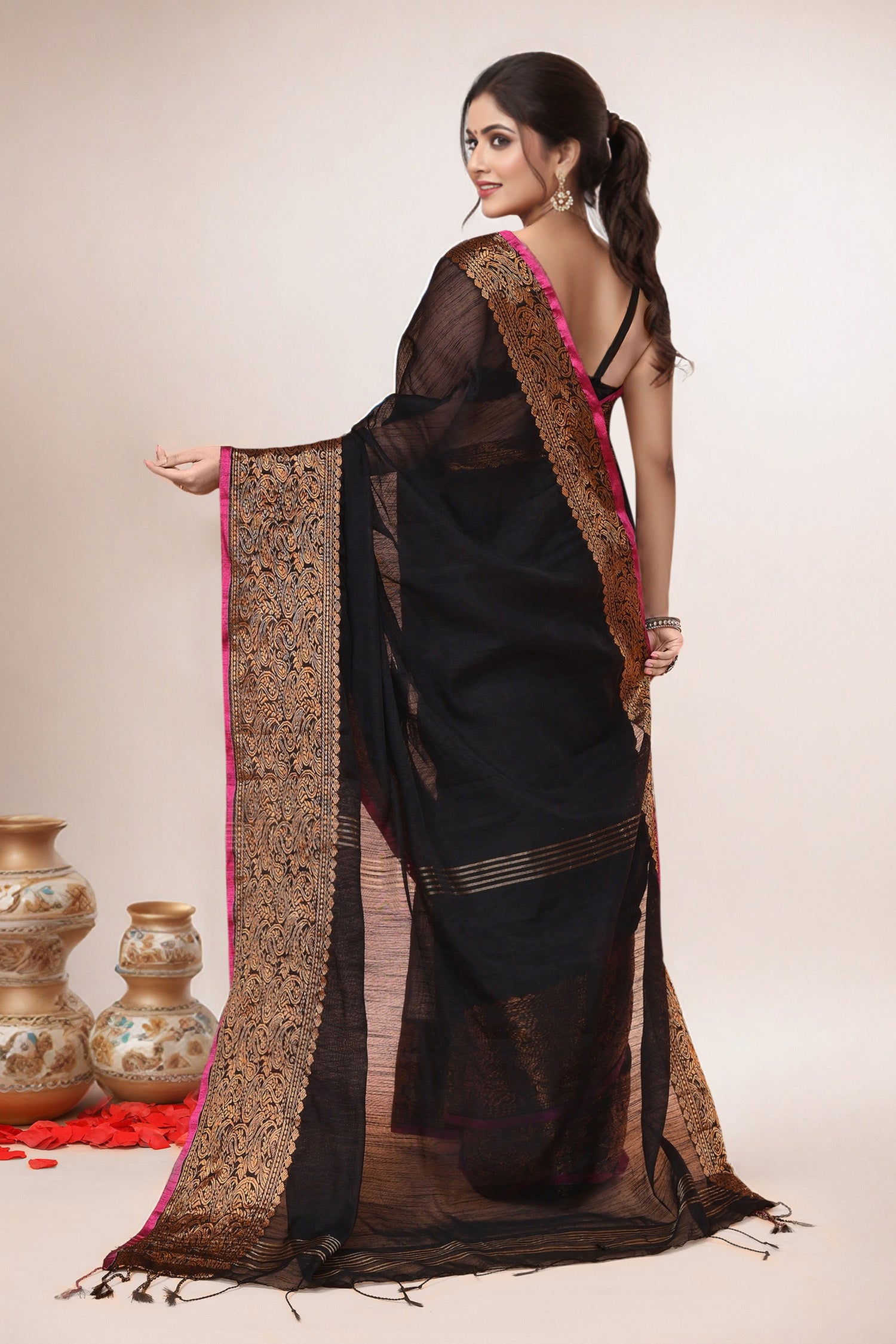 Women  Black Cotton Blend Handloom saree with Running Blouse