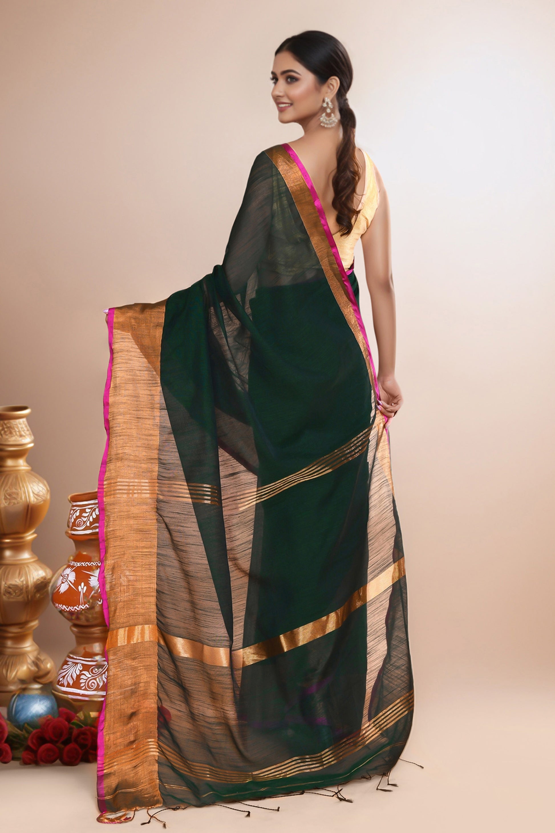Women  Green Cotton Blend Handloom saree with Running Blouse