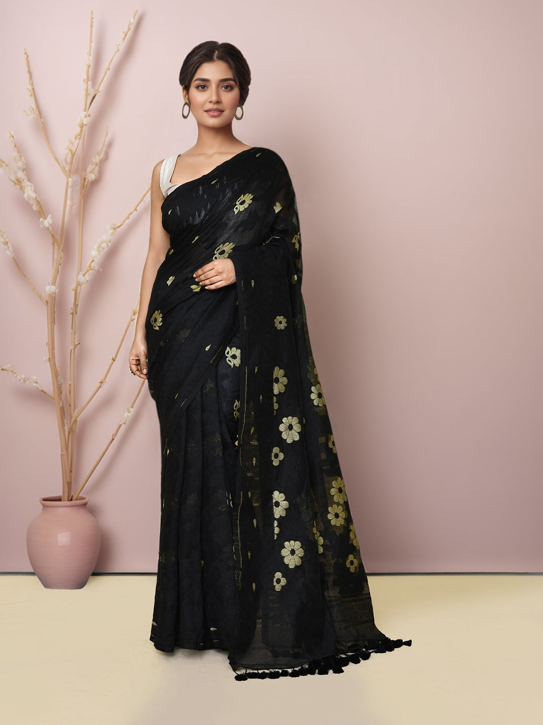 Women  Black Cotton Belnd Jamdani Saree without Blouse
