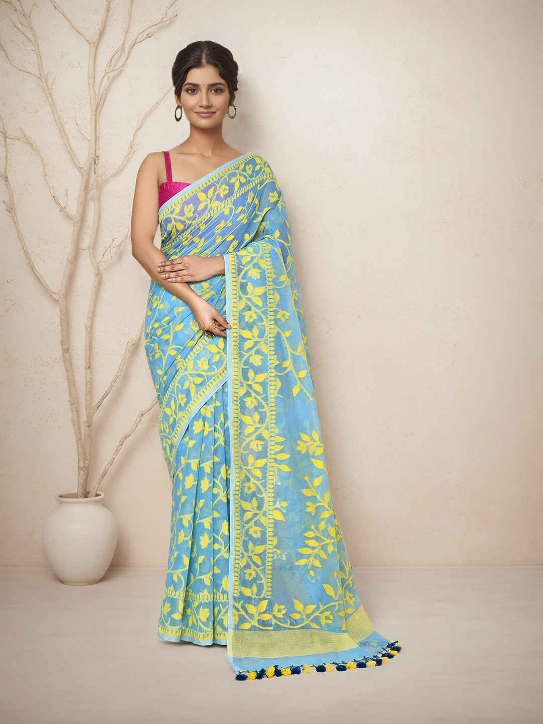 Women  Blue Cotton Belnd Jamdani Saree without Blouse