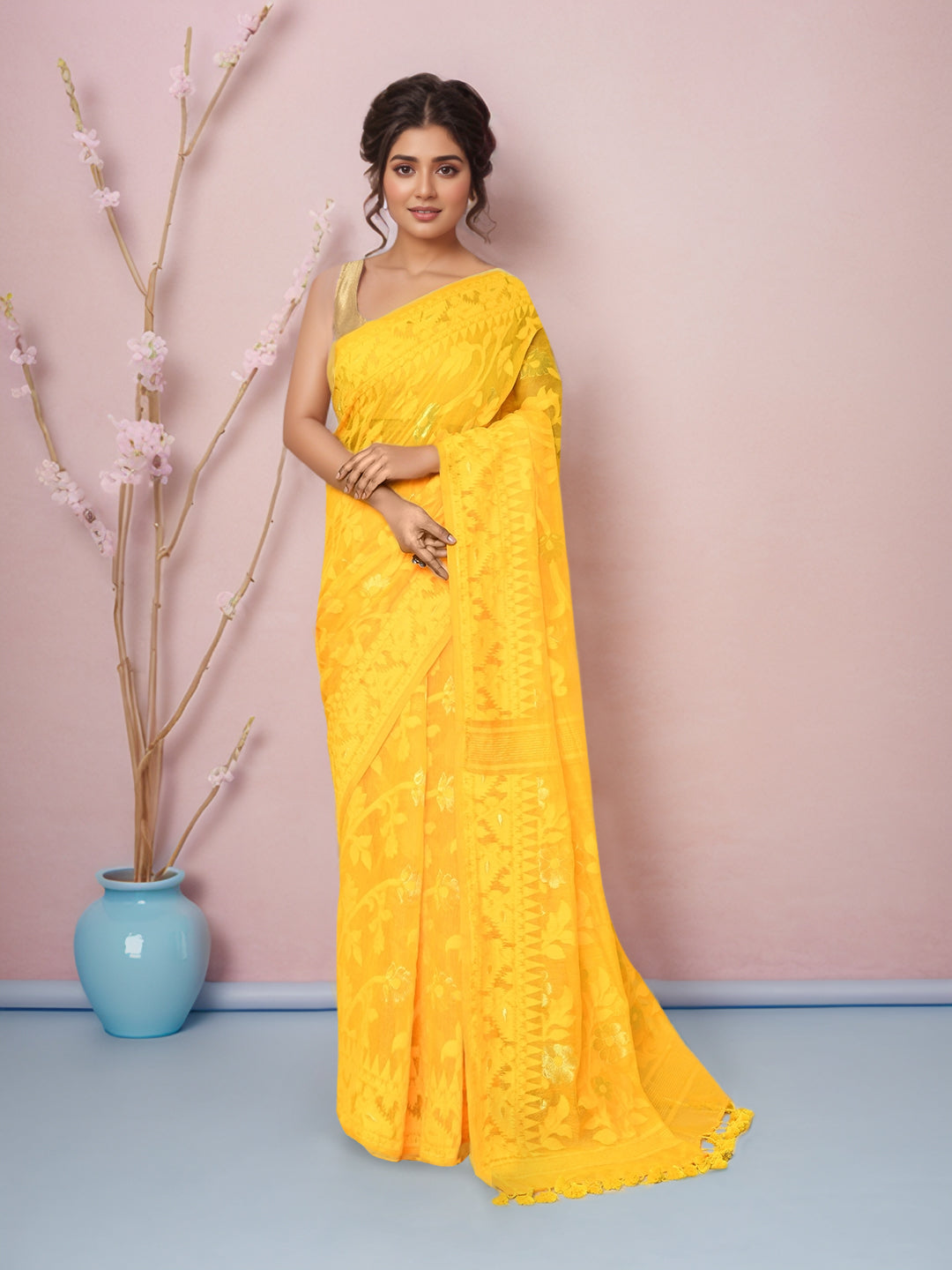 Women  Gold Black Cotton Belnd Jamdani Saree without Blouse