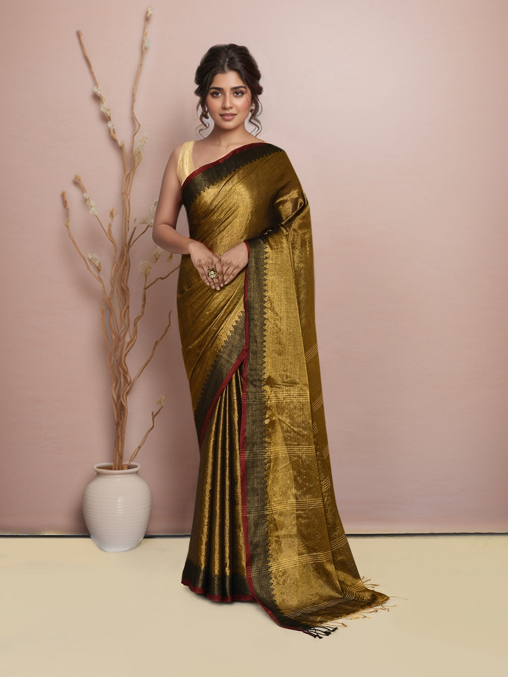 Women Multicolor Tissue Saree with Running Blouse Pcs