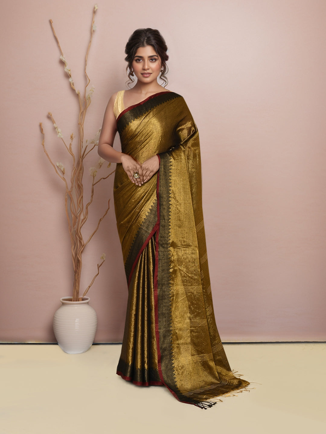 Women Multicolor Tissue Saree with Running Blouse Pcs