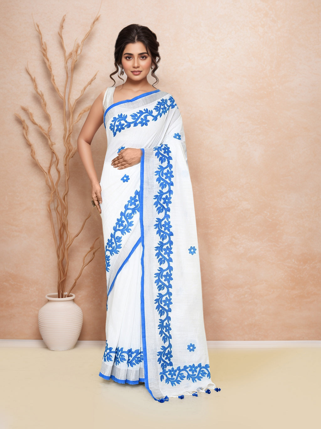 Women  Cotton Applic Saree with Running Blouse Pcs