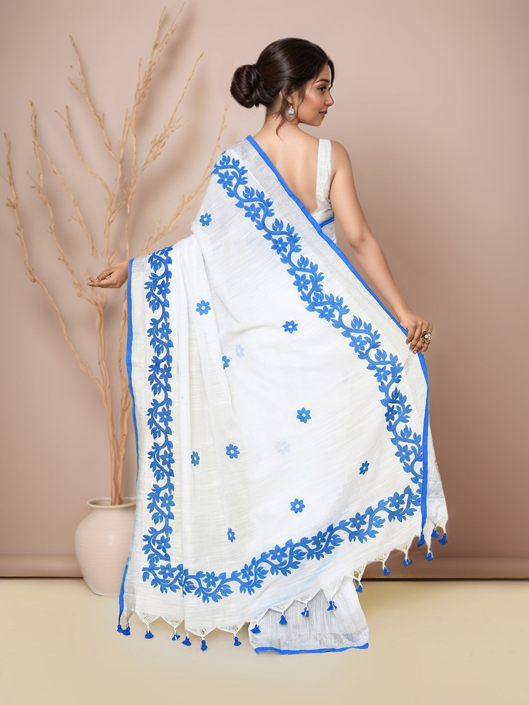 Women  Cotton Applic Saree with Running Blouse Pcs