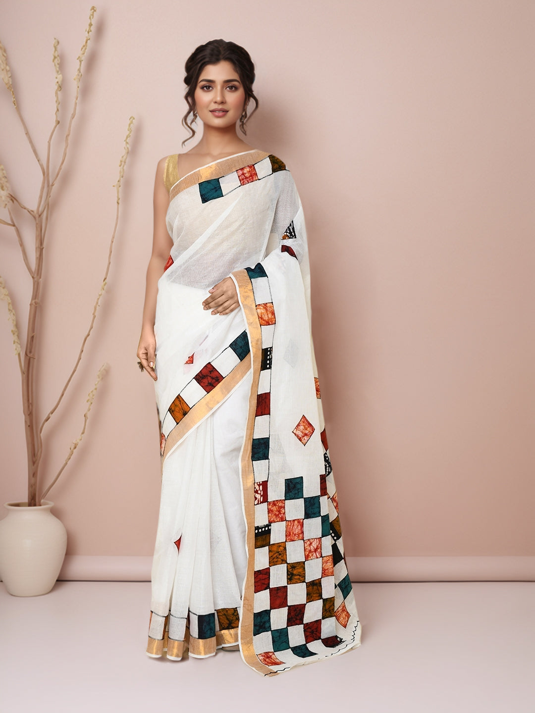 Women white and BlueCotton Applic Saree with Running Blouse Pcs