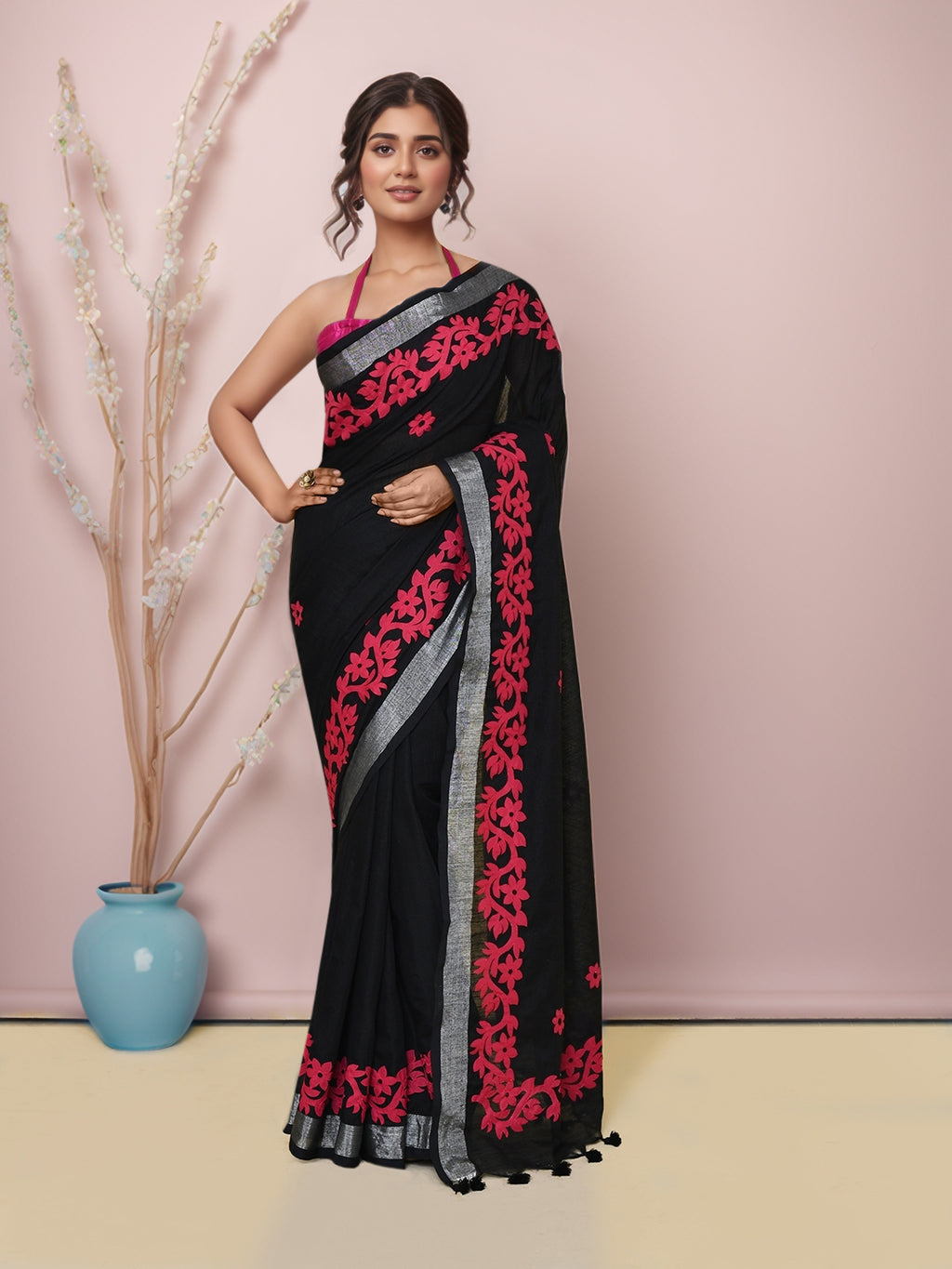 Women Black and Red Cotton Blend Handloom saree with Running Blouse