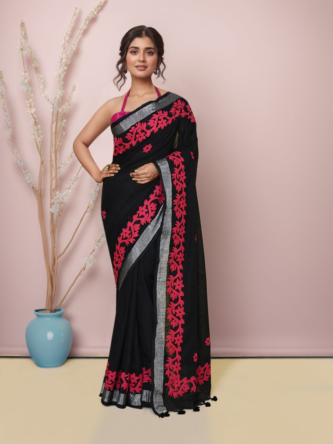Women Black and Red Cotton Blend Handloom saree with Running Blouse